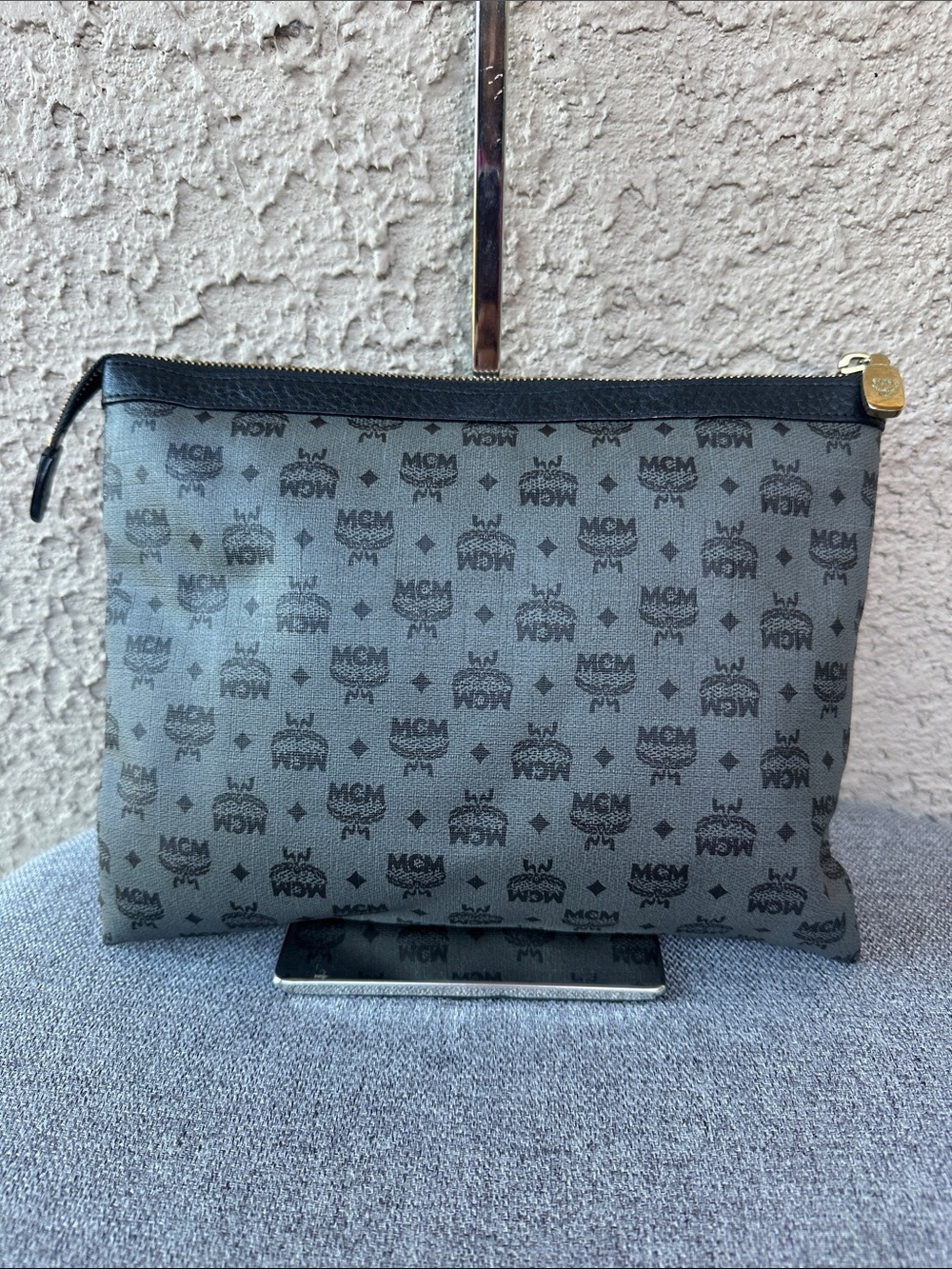 MCM Gray & Black Monogram Zip Pouch - Men's Toiletry Bag